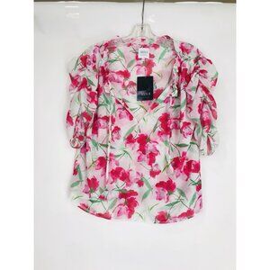 Misa Blouse Top Womens Size XS Pink White Floral Sheer Ruche Sleeves